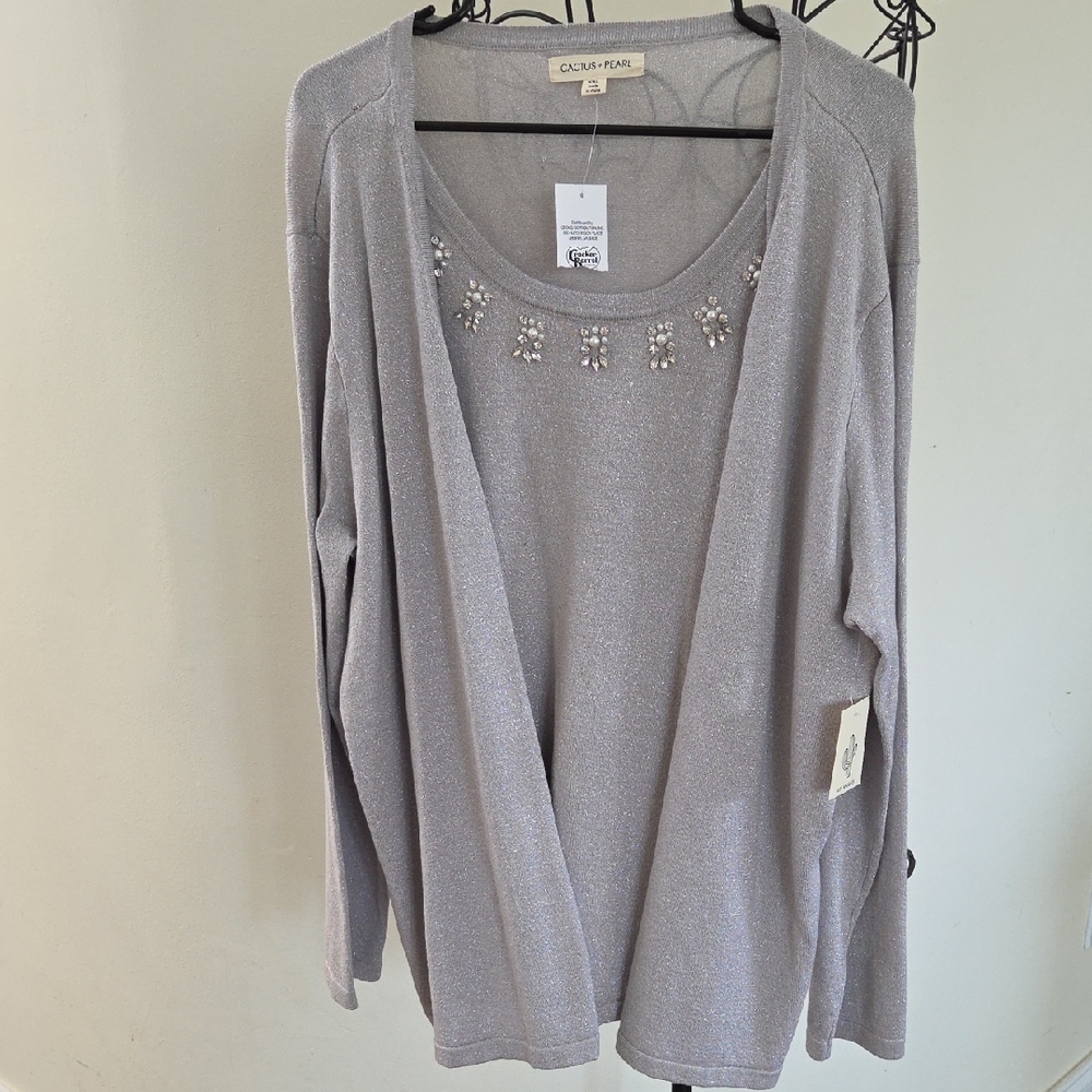 Cactus & Pearl one piece silver sweater with pearl and rhinestone embelishments